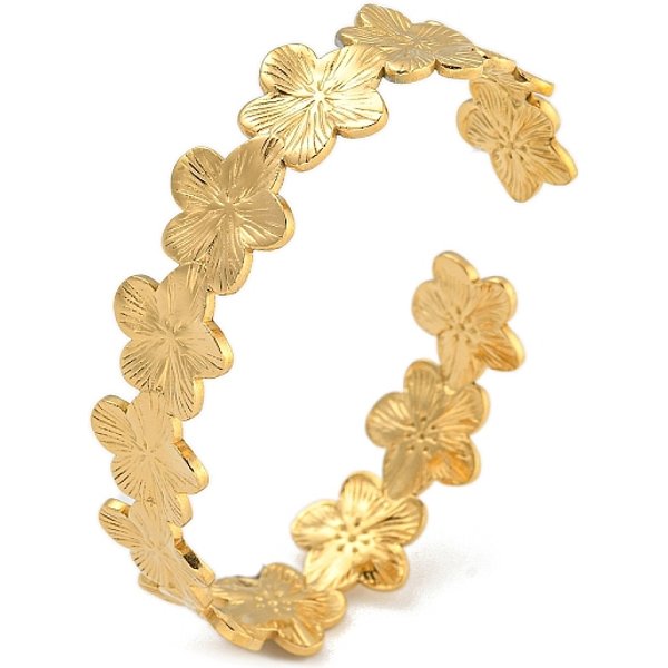 Real 18K Gold Plated 304 Stainless Steel Cuff Bangles, Flower, Inner Diameter: 2-5/8X2-1/4 Inch(6.6X5.65Cm), Wide: 13Mm-image