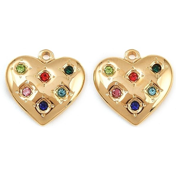 Pendentifs En Strass En Acier Inoxydable 304, CœUr, VéRitable 18K Plaqué Or, Placage Ionique (Ip), ColoréEs, 15X15X3Mm, Trou: 1.4Mm-image