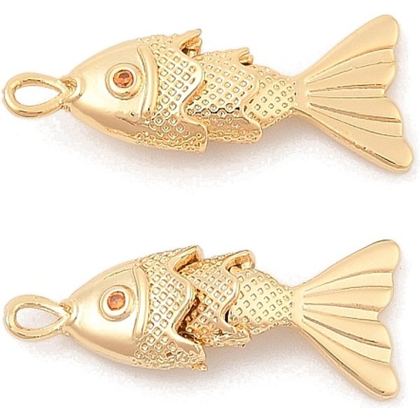 Brass Micro Pave Clear Cubic Zirconia Pendants, Nickel Free, Fish Charms, Real 18K Gold Plated, 22X9X5Mm, Hole: 1Mm-image