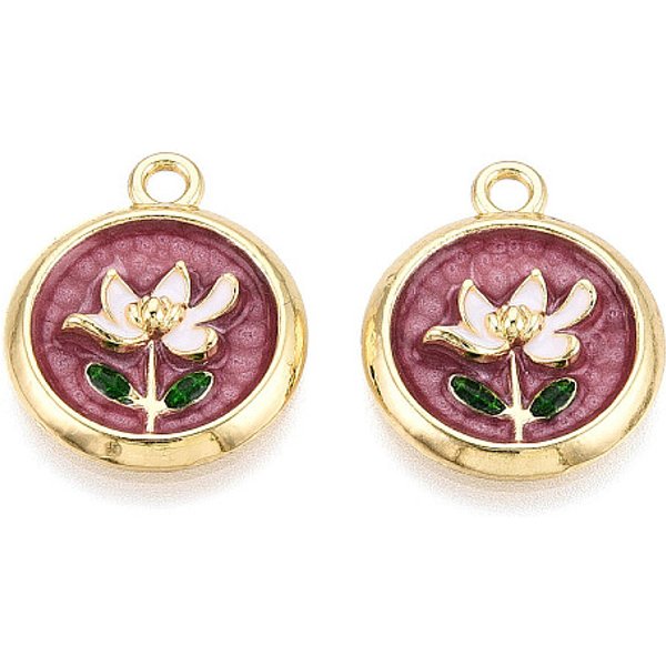 Acumular Colgantes De Esmalte De La AleacióN De Chapado, Plano Y Redondo Y Flor, Sin Plomo Y Cadmio, La Luz De Oro, Piel Roja, 21.5X18X4Mm, Agujero: 2 Mm-image