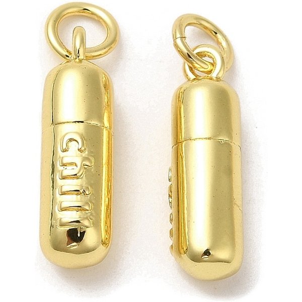 Rack Plating Brass Pendants, with Jump Ring, Lead Free & Cadmium Free, Long-Lasting Plated, Column with Word Chill Charms, Real 18K Gold Plated, 17x5mm, Hole: 3mm