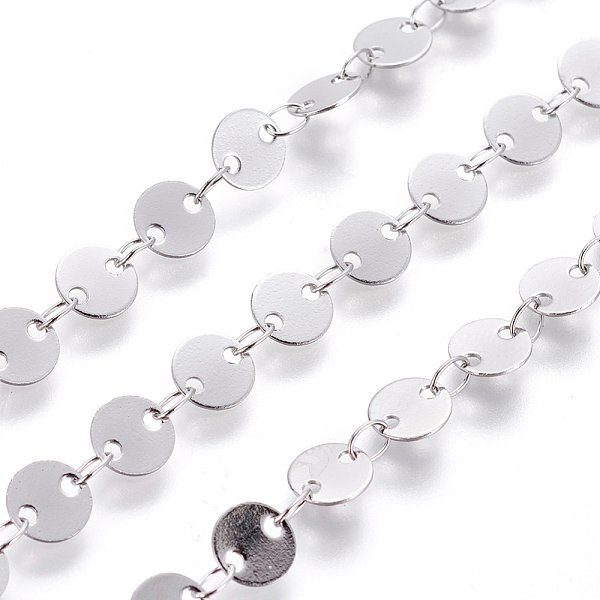 Tarnish Resistant 304 Stainless Steel Link Chains, Flat Sequin Chains, Soldered, With Spool, Flat Round, Stainless Steel Color, 6X0.5Mm, About 32.8 Feet(10M)/Roll-image