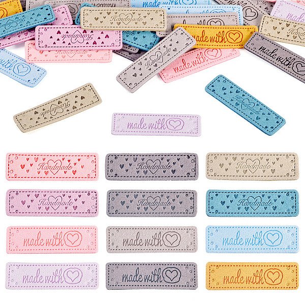 48 StüCk Etiketten Aus Mikrofaser In 12 Farben., Mit LöChern & Wort Handgefertigt, FüR Diy Jeans, Taschen, Schuhe, HutzubehöR, Mischfarbe, 50X15X1.5 Mm, Bohrung: 1.4 Mm, 4 Stk. Je Farbe-image