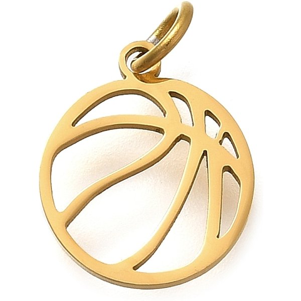 304 Stainless Steel Charms, with Jump Ring, Basketball Charm, Laser Cut, Ion Plating(IP), Real 18K Gold Plated, 14x11.5x1mm, Hole: 3mm