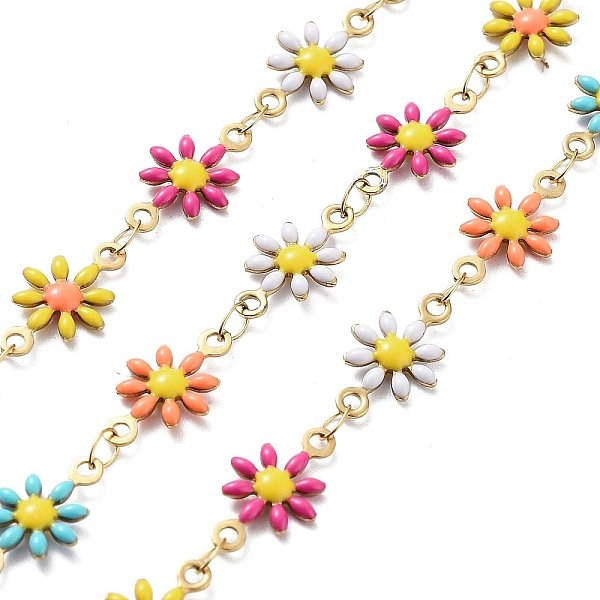 Ion Plating(Ip) 304 Stainless Steel Link Chains, With Resin & Enamel & Spool, Unwelded, Real 18K Gold Plated, Flower, Colorful, 12.5X7X2Mm, About 32.81 Feet(10M)/Roll-image