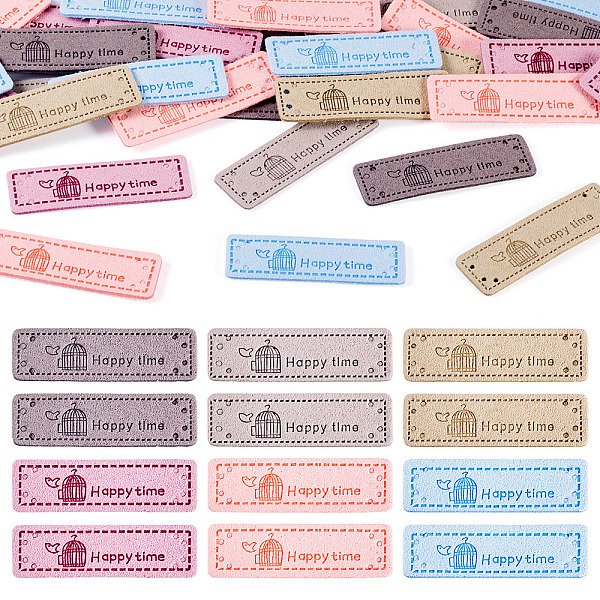 42 StüCk Etiketten Aus Mikrofaser In 6 Farben., Mit LöChern Und Aufschrift „Happy Time“, FüR Diy Jeans, Taschen, Schuhe, HutzubehöR, Mischfarbe, 50X15X1.5 Mm, Bohrung: 1.4 Mm, 7 Stk. Je Farbe-image