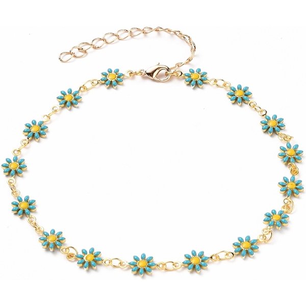 Golden Brass Flower Enamel Links Anklets, with Brass Curb Chains & Lobster Claw Clasps, Dark Turquoise, 9-1/2 inch(24.2cm)