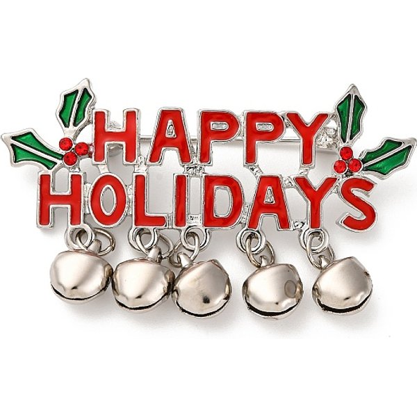 Christmas Enamel Pins, Alloy Rhinestone Brooches for Clothes, with Bell, Happy Holidays, 34x53mm