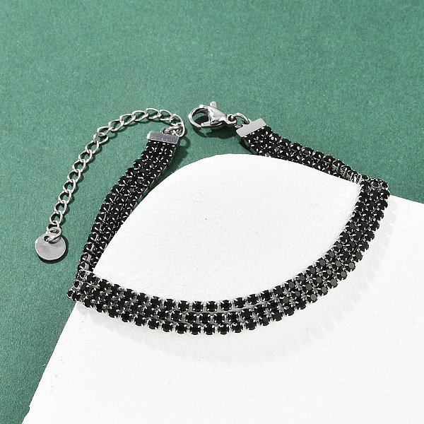 304 Stainless Steel Rhinestone Cup Chain Bracelets For Women, Square, Jet, 6-3/4 Inch(17.3Cm)-image