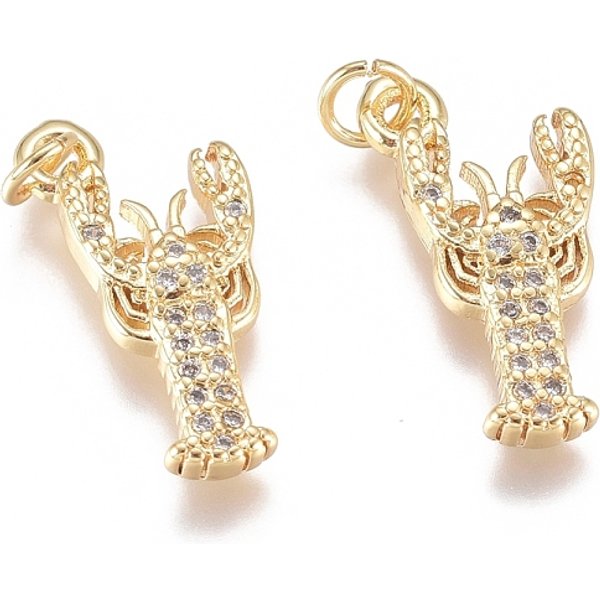 Brass Micro Pave Cubic Zirconia Pendants, with Jump Ring, Long-Lasting Plated, Lobster, Clear, Golden, 18x9x2.5mm, Hole: 3mm