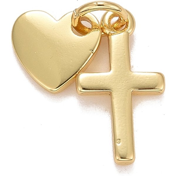 Rack Plating Brass Pendants, With Jump Rings, Long-Lasting Plated, Lead Free & Cadmium Free, Cross & Heart, Real 18K Gold Plated, 17Mm, Jump Ring: 4.6X0.8Mm, 3Mm Inner Diameter, Heart: 8X8X1Mm, Cross: 15X8X1.5Mm-image