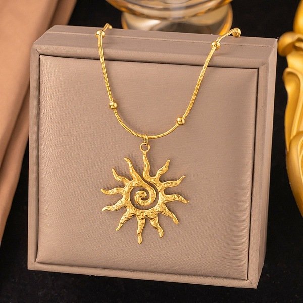 304 Stainless Steel Sun Pendant Snake Ball Chain Necklaces For Women, Golden, 16.02 Inch(40.7Cm)-image