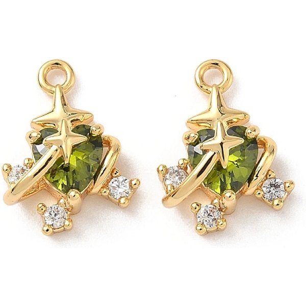 Brass Micro Pave Cubic Zirconia Pendants, Heart, Nickel Free, Real 18K Gold Plated, Green, 15X11.5X7.5Mm, Hole: 1.5Mm-image