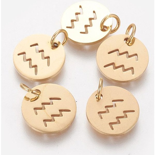 Breloques En Acier Inoxydable 304, Plat Rond Avec Constellation / Signe Du Zodiaque, Or, Verseau, 12X1Mm, Trou: 3Mm-image