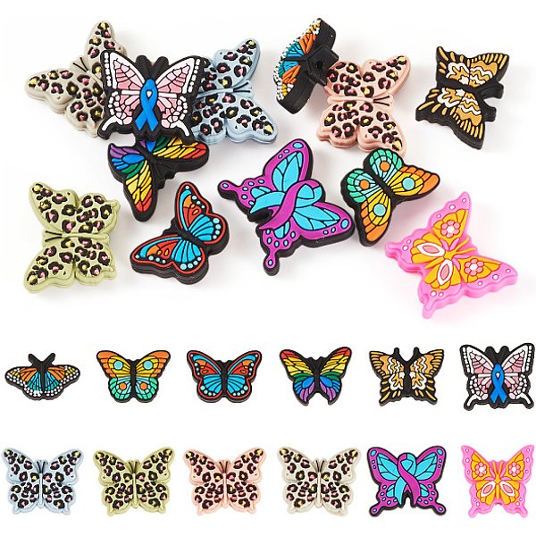12 StüCk 12 Stile Umweltfreundliche Silikonperlen In LebensmittelqualitäT, Schmetterling, Mischfarbe, 16-26X26.5-30X7-9 Mm, Bohrung: 2 Mm, 1Pc / Style-image