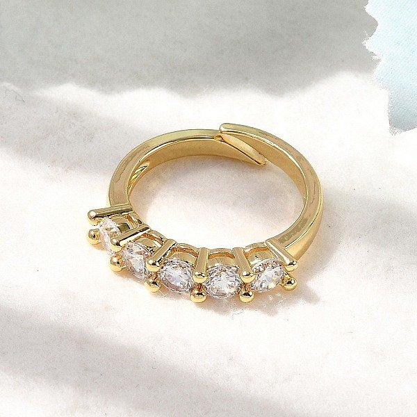 Bagues En Laiton Avec Zircone Cubique De Micro Pave, CréMaillèRe Plaquage, Plaqué Longue DuréE, Sans Cadmium Et Sans Plomb, VéRitable 18K Plaqué Or, 4.5Mm, Nous Taille 7 1/4 (17.5Mm)-image
