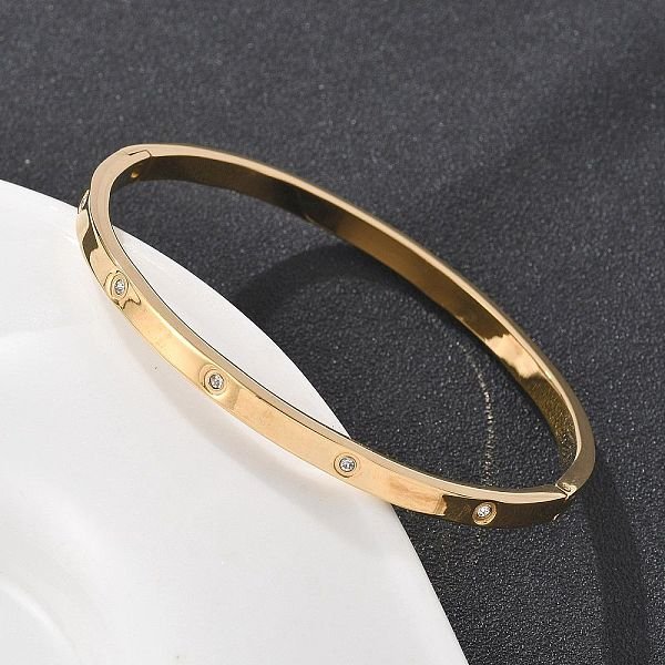 304 Stainless Steel Rhinestone Bangles For Women, Ion Plating(Ip), Real 18K Gold Plated, Inner Diameter: 2X2-3/8 Inch(5.1X60Cm)-image