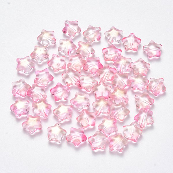Spray Painted Glass Beads, With Glitter Powder, Star, Pink, 8X8.5X4Mm, Hole: 1Mm-image