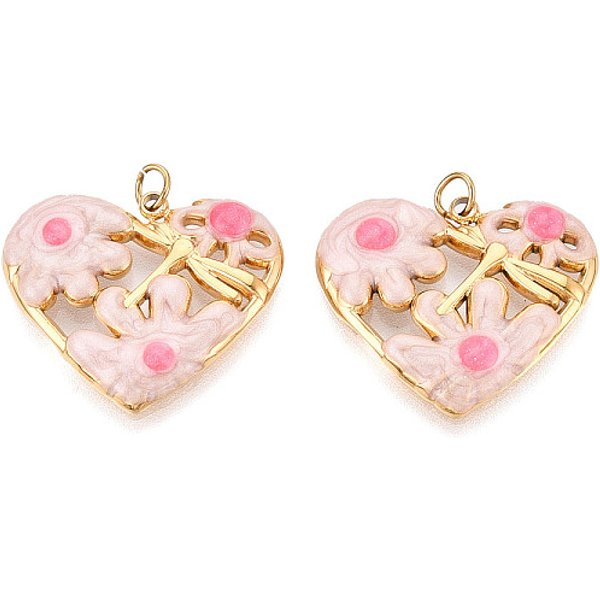 304 Stainless Steel Enamel Pendants, Heart With Flower, With Jump Ring, Ion Plating(Ip), Real 18K Gold Plated, Pink, 19.5X22.5X2.5Mm, Hole: 2.8Mm-image