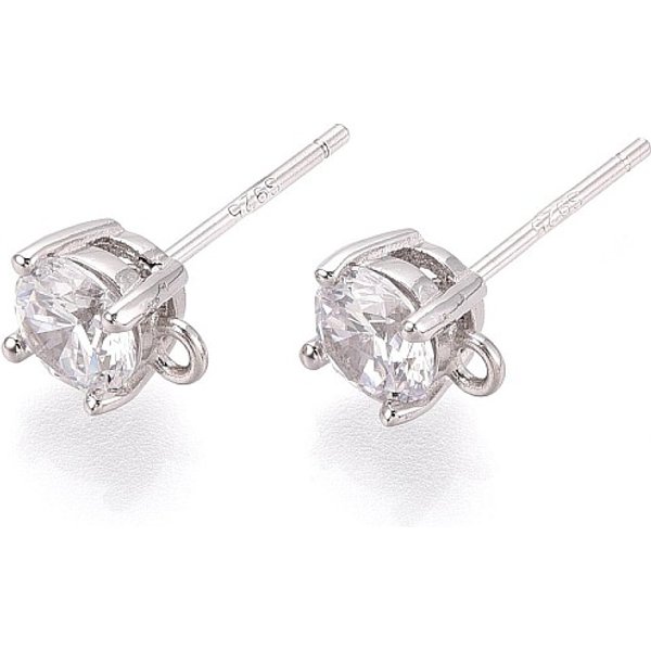 925 Sterling Silver Micro Pave Clear Cubic Zirconia Stud Earring Findings, With Loop, Flat Round, Platinum, 6.5X5Mm, Hole: 1Mm, Pin: 0.8Mm-image