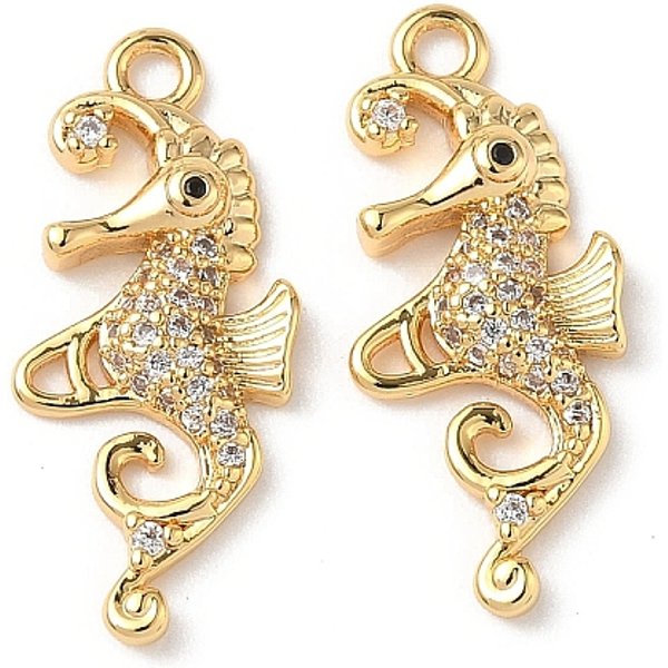 Brass Micro Pave Clear Cubic Zirconia Pendants, Sea Horse Charm, Nickel Free, Real 18K Gold Plated, 23.5x10x3mm, Hole: 1.8mm