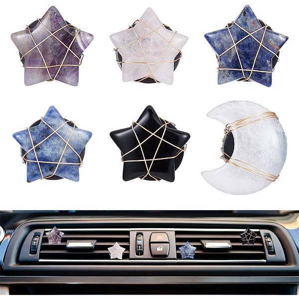 6 pcs étoile de lune pierre précieuse naturelle clips de ventilation de voiture, garniture intérieure automobile, avec fer ferromanganèse magnétique et clip en plastique, 50mm, 6 pièces / kit