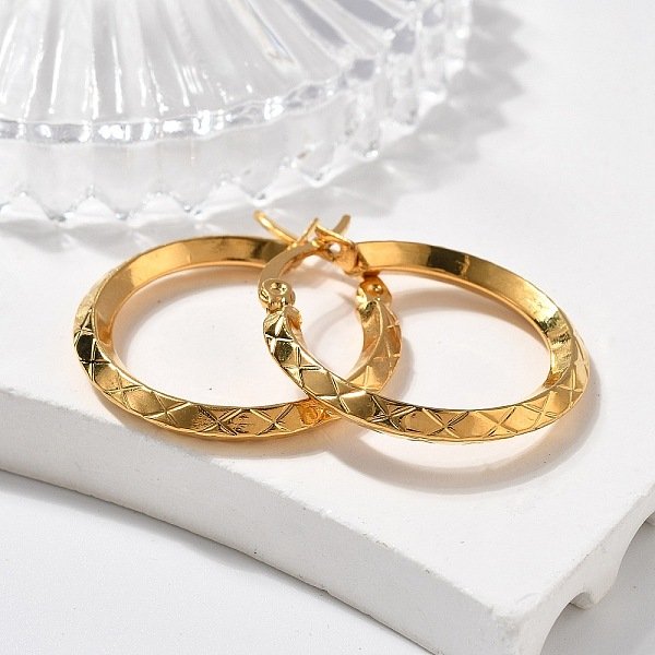 Ion Plating(Ip) 304 Stainless Steel Hoop Earrings, Textured, Golden, 27X26X3Mm, Pin: 1.2X0.7Mm-image