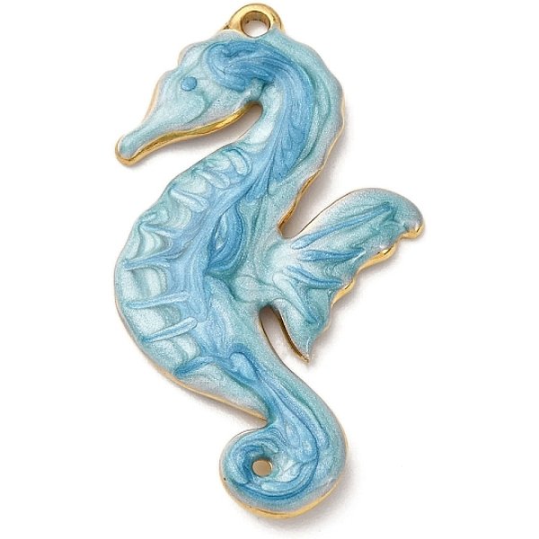 304 Stainless Steel Pendants, With Enamel, Ocean Themes, Real 18K Gold Plated, Ion Plating(Ip), Cadmium Free & Nickel Free & Lead Free, Sea Horse, 38X21.5X2.2Mm, Hole: 1.6Mm-image
