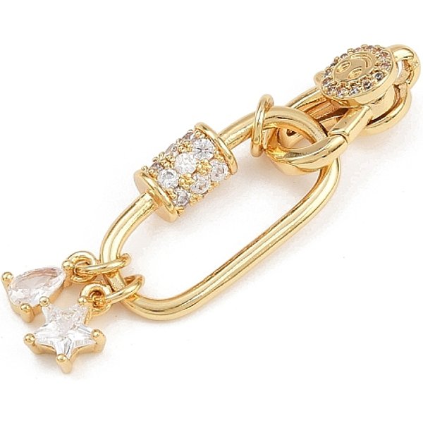 Brass Micro Pave Clear Cubic Zirconia Lobster Claw Clasps, Star With Teardrop, Real 18K Gold Plated, 14.5X9X5.5Mm, Hole: 2Mm-image