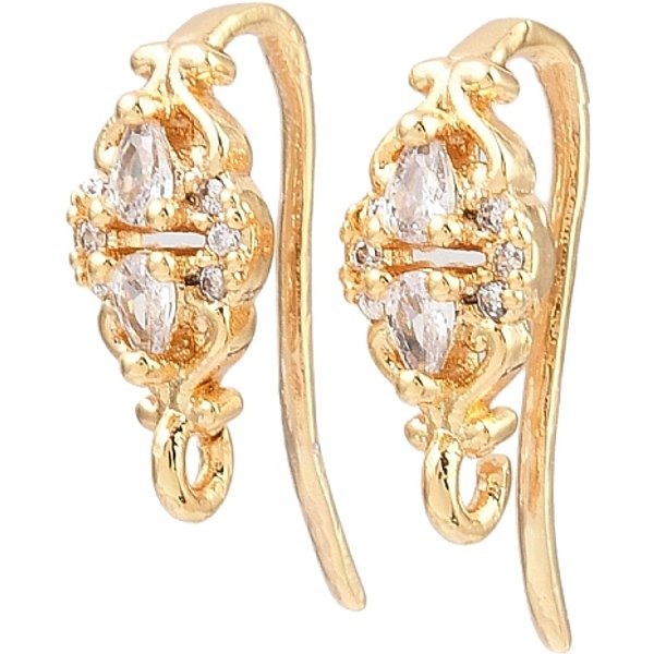 Brass Micro Pave Clear Cubic Zirconia Teardrop Earring Hooks, Long-Lasting Plated, Nickel Free, With Loop, Real 18K Gold Plated, 17X6X8Mm, Hole: 1.2Mm, Pin: 1Mm-image