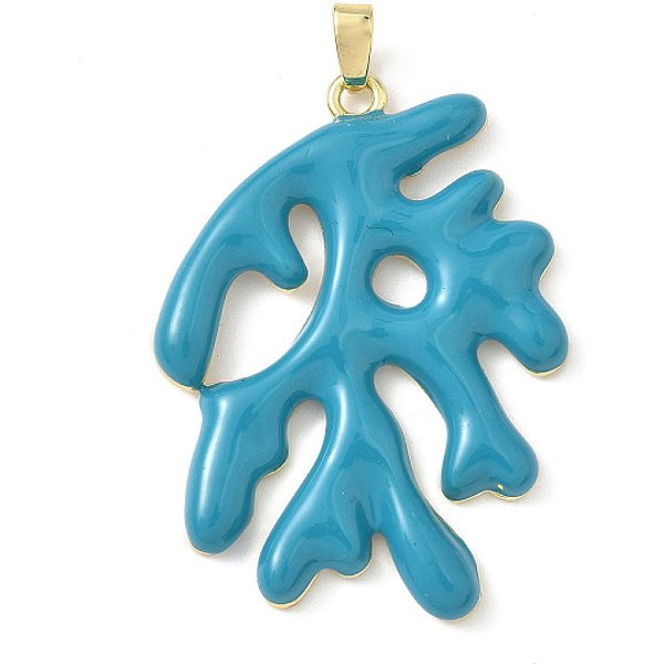 Brass Pendants, Cadmium Free & Lead Free, With Enamel, Coral Charms, Real 18K Gold Plated, Dark Turquoise, 35X26.5X3Mm, Hole: 4.5X2.5Mm-image
