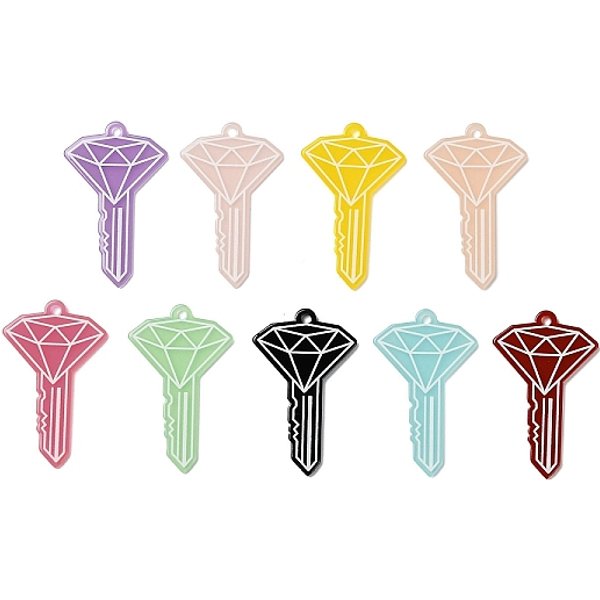 Opaque Acrylic Pendants, Key, Mixed Color, 49X30.5X2.5Mm, Hole: 2.5Mm-image