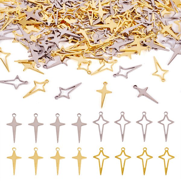 200 Pieza 4 Estilos 201 Colgantes De Acero Inoxidable, Charms Estrella, Acero Color Oro Y Acero, 16-16.5X8-9X0.5Mm, Agujero: 1.2 Mm, 50 Piezas / Style-image