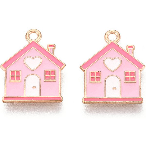 Alloy Enamel Pendants, House Charm, Light Gold, Pink, 19.6X15.6X1.2Mm, Hole: 1.8Mm-image