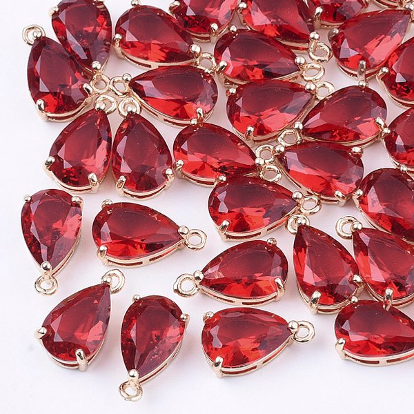 Encantos De Cristal Transparente, Con Fornituras De LatóN, Facetados, LáGrima, La Luz De Oro, Rojo, 15X8X6Mm, Agujero: 1.2 Mm-image