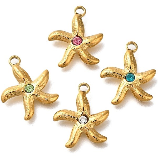 Ion Plating(Ip) 304 Stainless Steel Rhinestone Pendants, Starfish, Real 14K Gold Plated, Mixed Color, 19X16X3Mm, Hole: 2Mm-image