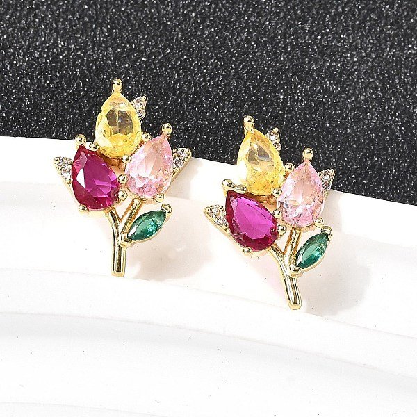 Orecchini A Bottone A Fiore In Ottone Con Micro Pavé Di Zirconi Cubici, Placcatura Cremagliera, Placcato Di Lunga Durata, Cadmio& Piombo Libero, Vero Placcato Oro 18K, 17X12Mm-image