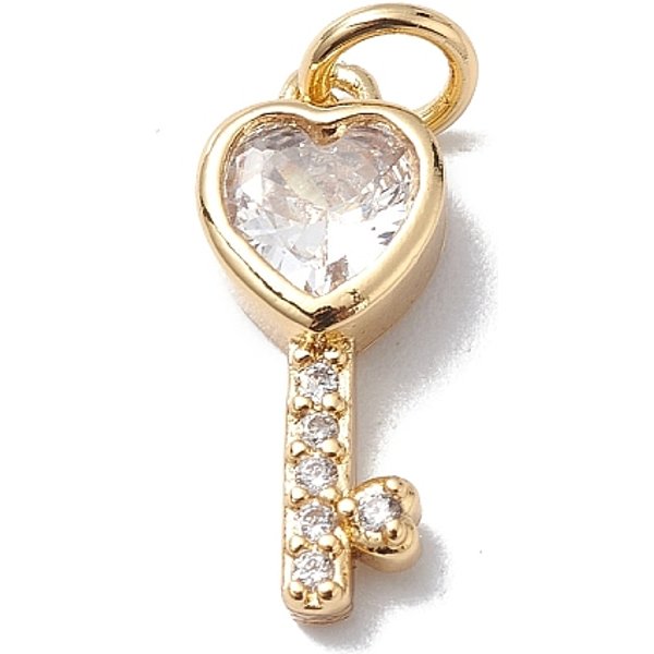 Ciondoli Di Zirconi In Ottone, Cadmio& Piombo Libero, Vero Placcato Oro 18K, Placcato Di Lunga Durata, Con Anello Di Salto, Fascino Chiave Del Cuore, Chiaro, 15X6X4Mm, Foro: 3 Mm-image