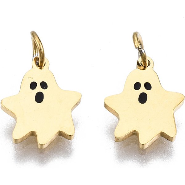 316 Surgical Stainless Steel Enamel Charms, with Jump Rings, for Halloween, Ghost, Black, Real 14K Gold Plated, 10x8x1mm, Jump Ring: 3.8x0.6mm, 2.6mm inner diameter