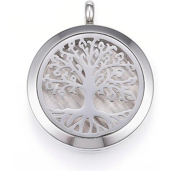 MedaillonanhäNger Aus Diffusor-Edelstahl 304, Mit ParfüMauflage Und MagnetverschlüSsen, Flach Rund Mit Baum, Schwarz, 36.5-37X30X6.5-7 Mm, Bohrung: 5 Mm-image