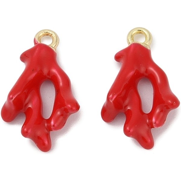 Alloy Enamel Pendants, Coral Branch Charm, Golden, Red, 16.5X10X5Mm, Hole: 1.4Mm-image