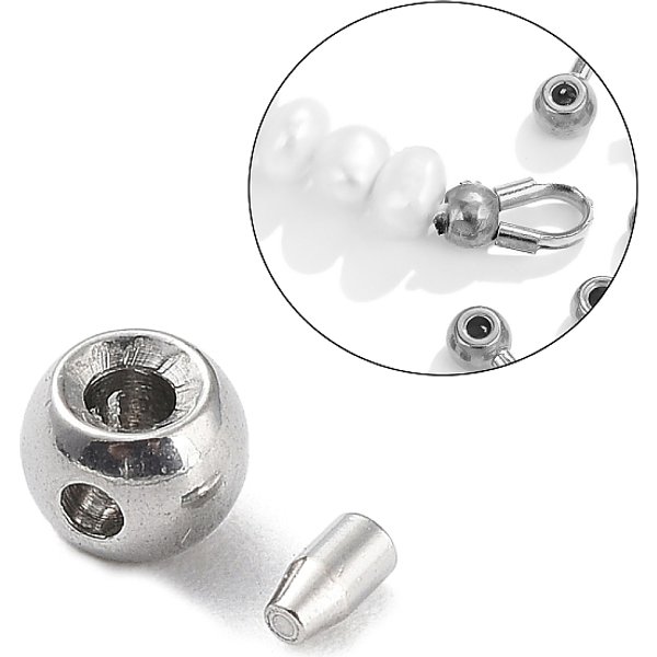 Anlaufgeschützte Perlenspitzen aus Edelstahl 304, Runde, Edelstahl Farbe, 3.5x2.5 mm, Bohrung: 1 mm, Innendurchmesser: 1.2 mm