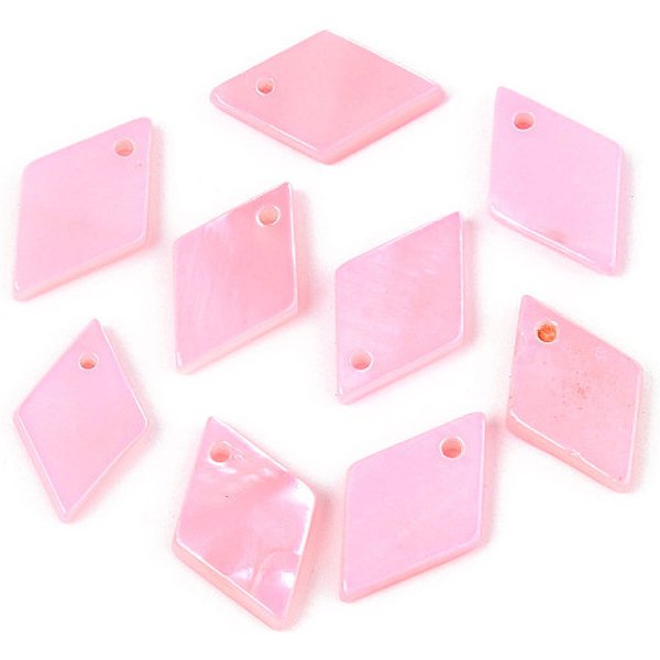 Spray Painted Natural Freshwater Shell Pendants, Rhombus Charms, Pearl Pink, 14-17.5X9-10X1.5-2Mm, Hole: 1.2Mm-image