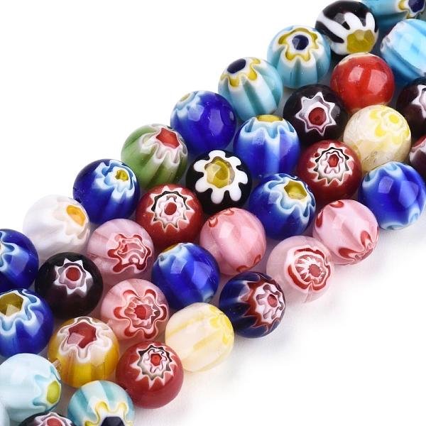 Main Verre Millefiori Chapelets De Perles Rondes, Couleur Mixte, 8Mm, Trou: 1Mm, Environ 48 Pcs/Chapelet, 14 Pouce-image