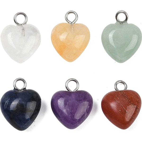 Natural Mixed Stone Charms, With Platinum Tone Brass Loops, Heart, 13X10X5-6Mm, Hole: 2Mm-image