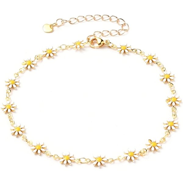 Brass Enamel Daisy Link Chain Anklets, with 304 Stainless Steel Lobster Claw Clasps & Heart Charms, Golden, 9-5/8 inch(24.5cm)