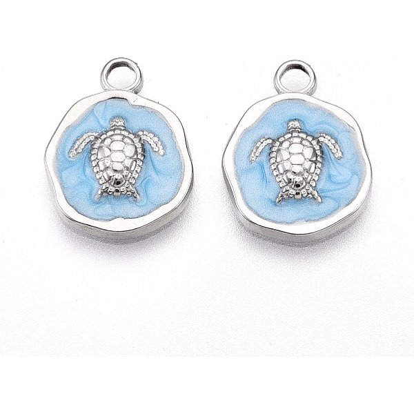 304 Stainless Steel Pendants, With Enamel, Flat Round With Turtle Charms, Stainless Steel Color, Light Sky Blue, 16.5X13X2.5Mm, Hole: 2.5Mm-image