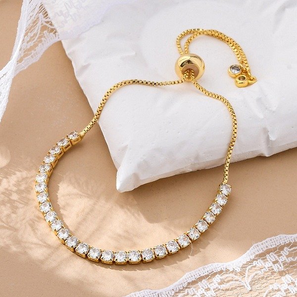 Adjustable Brass Micro Pave Cubic Zirconia Bracelets, Bolo Bracelets, Slider Bracelets, Golden, 8-1/2 Inch(215Mm)-image