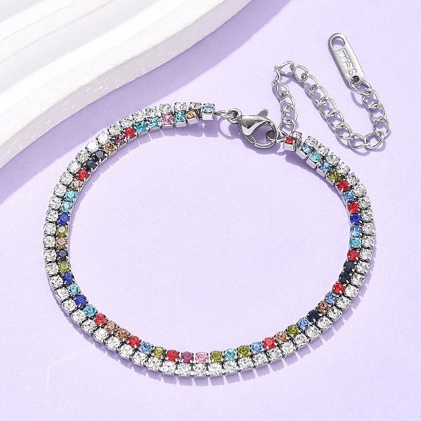 Bracciali Multifilo In Acciaio Inossidabile 304, Bracciali Con Catene A Tazza In Strass Per Donna, Colore Acciaio Inossidabile, 6-5/8X1/8 Pollice (16.7X0.45 Cm)-image