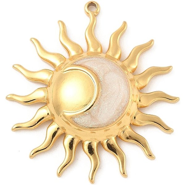 304 Stainless Steel Pendants, with Enamel and Glitter Sequins, Sun with Moon Charm, Real 18K Gold Plated, WhiteSmoke, 29x26.5x5mm, Hole: 1.2mm